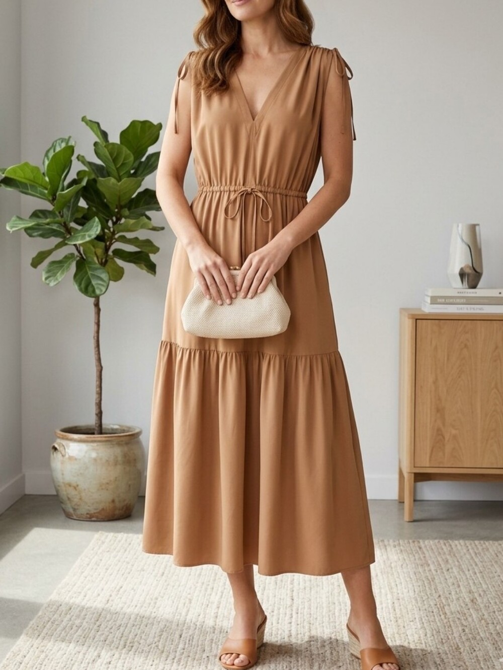 Calvin Klein Camel-Tone Sleeveless V-Neck Tiered Maxi Dress